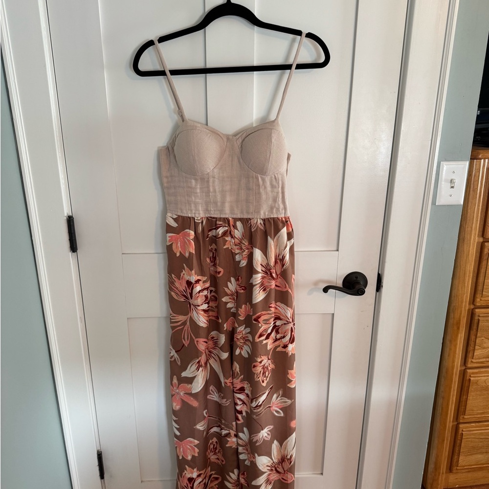 Land of the Free Tan and Floral Spaghetti Strap Jumpsuit Medium NWT